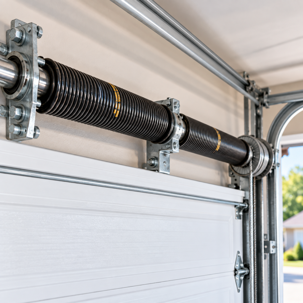 Side-by-side view of a weathered garage door and a new modern replacement door