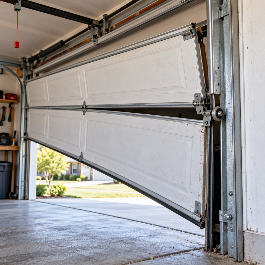 Residential garage door visibly tilted and displaced from the track with exposed rollers and hardware