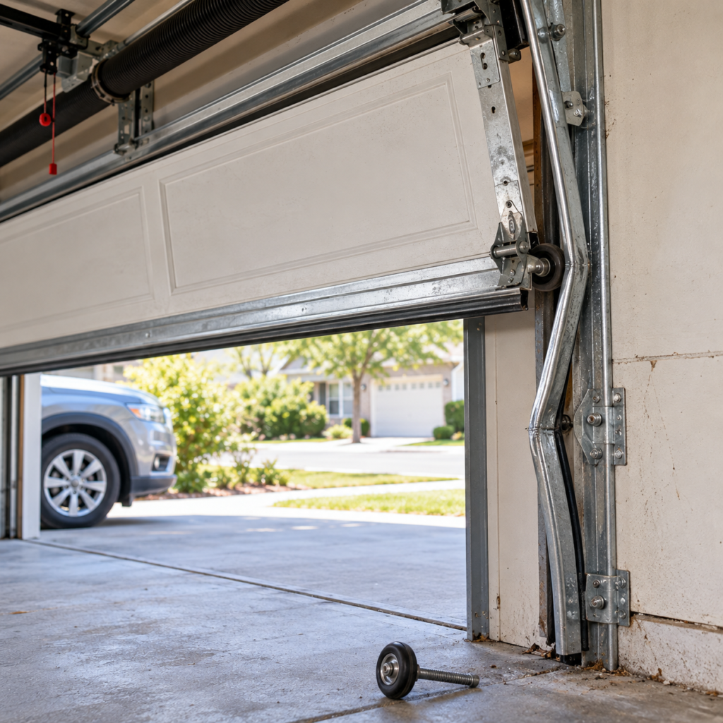 Close-up of a garage door pulled off its track with displaced rollers and damaged track hardware
