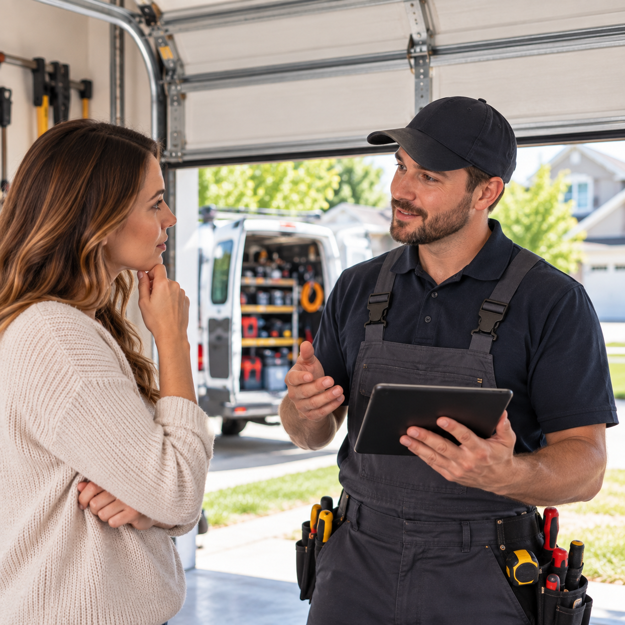Garage door technician discussing a repair with a homeowner beside an open garage and service van
