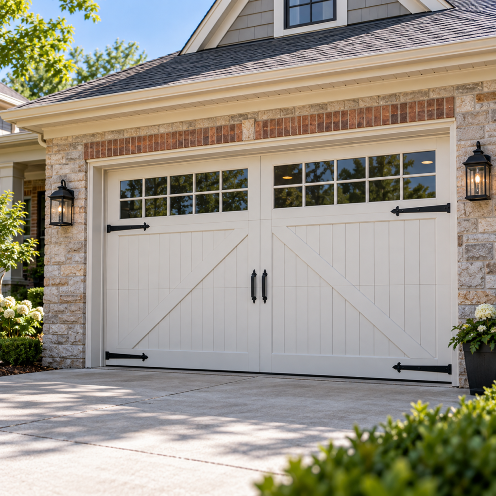 Traditional suburban home with a white carriage-style garage door, decorative hardware, windows, and landscaping