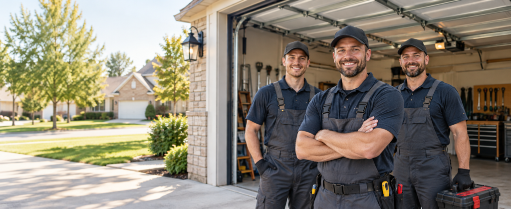 Residential garage door and suburban home exterior in daylight