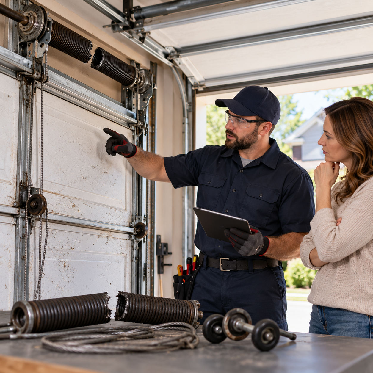 Technician explaining garage door problems to a homeowner while examining repair parts and hardware