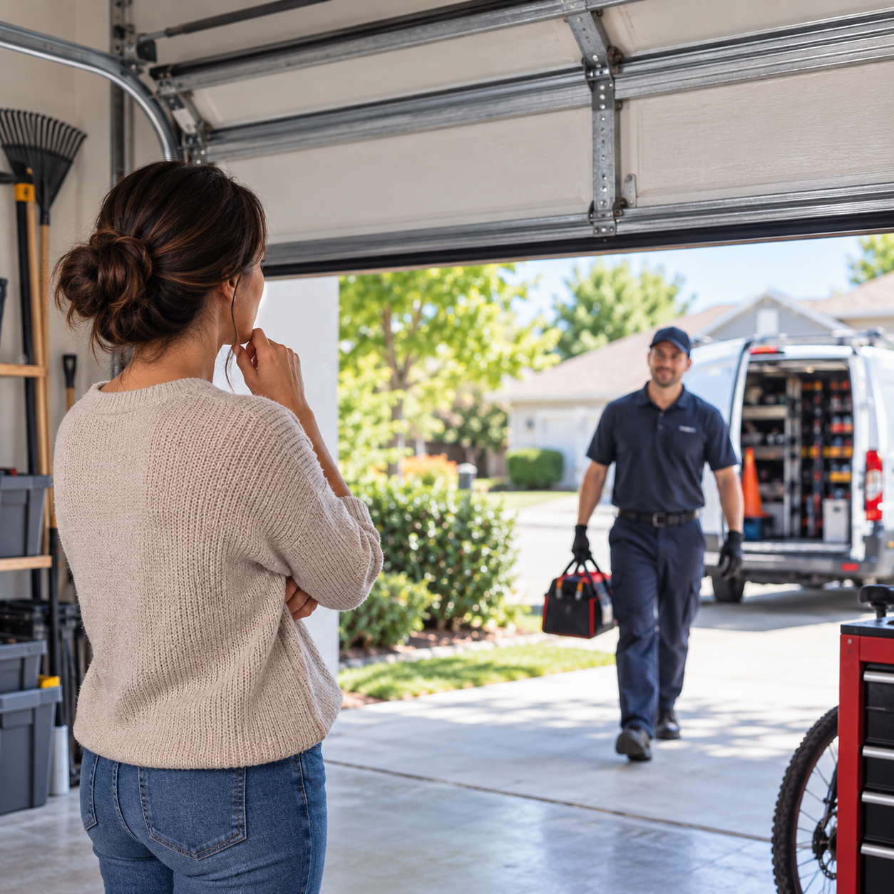 Technician adjusting a garage door track and hardware inside a residential garage